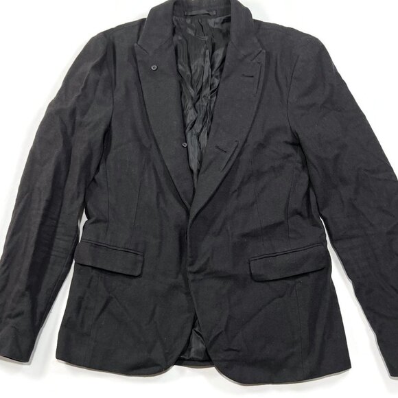 All Saints Italian Cloth Keene Blazer Mens 36 Black Leather Trim Wool Blend - Picture 1 of 9